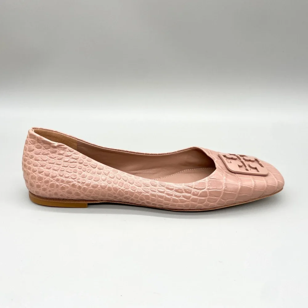 Tory Burch Georgia Ballet Flats Womens 9.5M Pink Croc Leather Square Toe Preppy